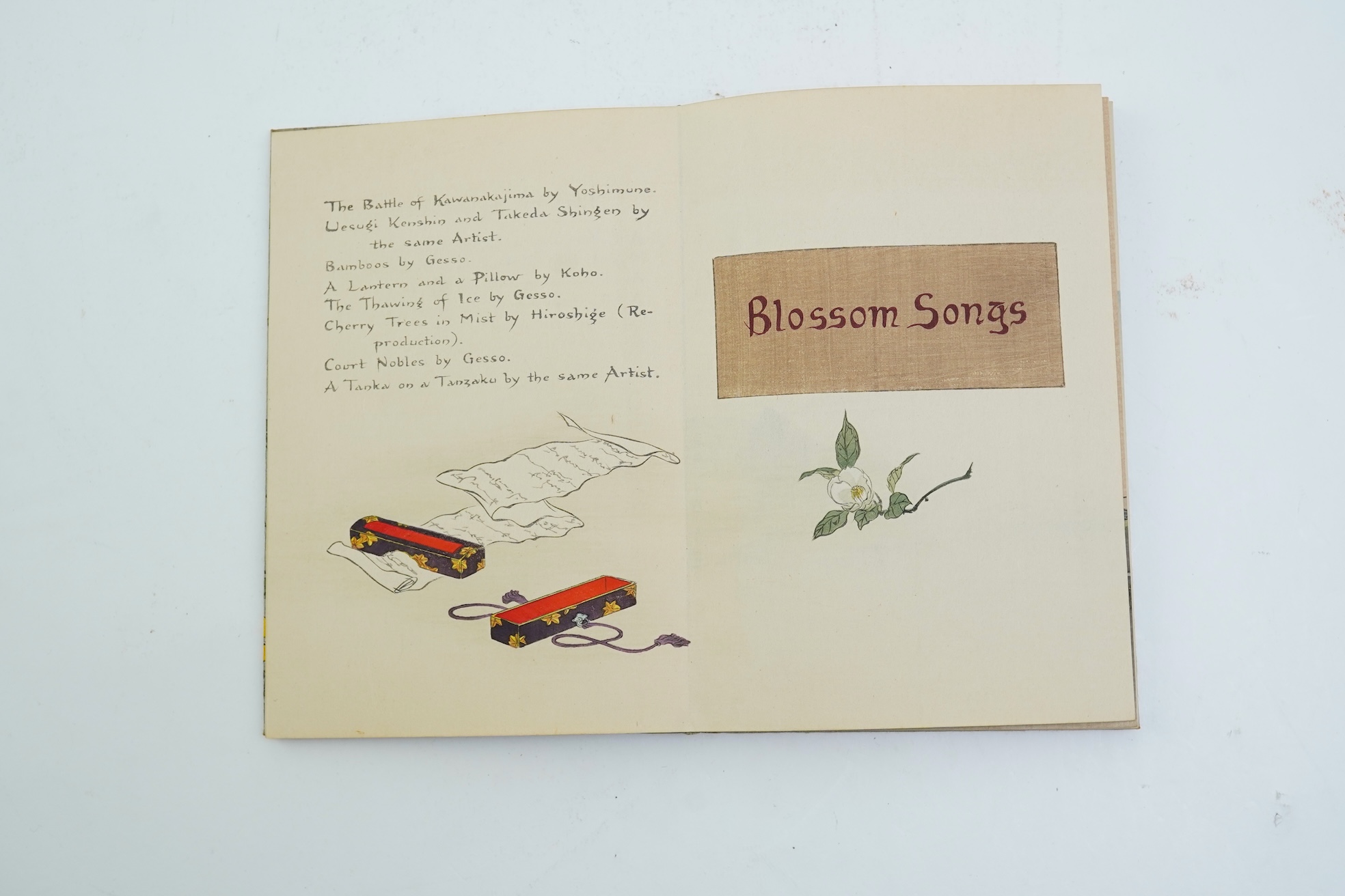 Swords and Blossom Poems from the Japanese, three volumes, done into English verse by Shotaro Kimura and Charlotte M. A. Peake, woodblock illustrations by Japanese artists, Tokyo, T. Hasegawa publisher